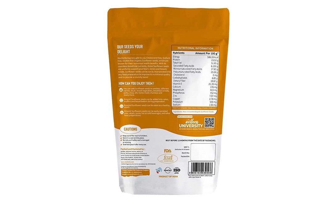 Neuherbs organic Sunflower Seeds Raw Unroasted Deshelled Seeds   Pack  200 grams